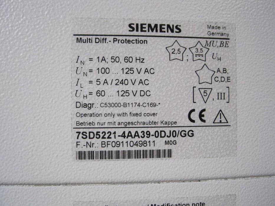 Siemens 7SD5221-4AA39-0DJ0/GG  "Protection Relay"