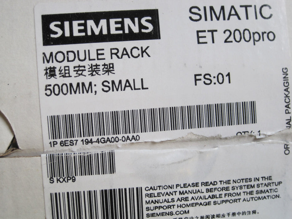 Never Used, Siemens 6ES7 194-4GA00-0AA0  "Module Rack"